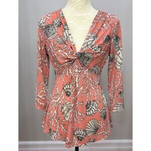 Boston Proper Coral Beach‎ Seashell Print 3/4 Sleeves V-Neck Ruched Top Size 5